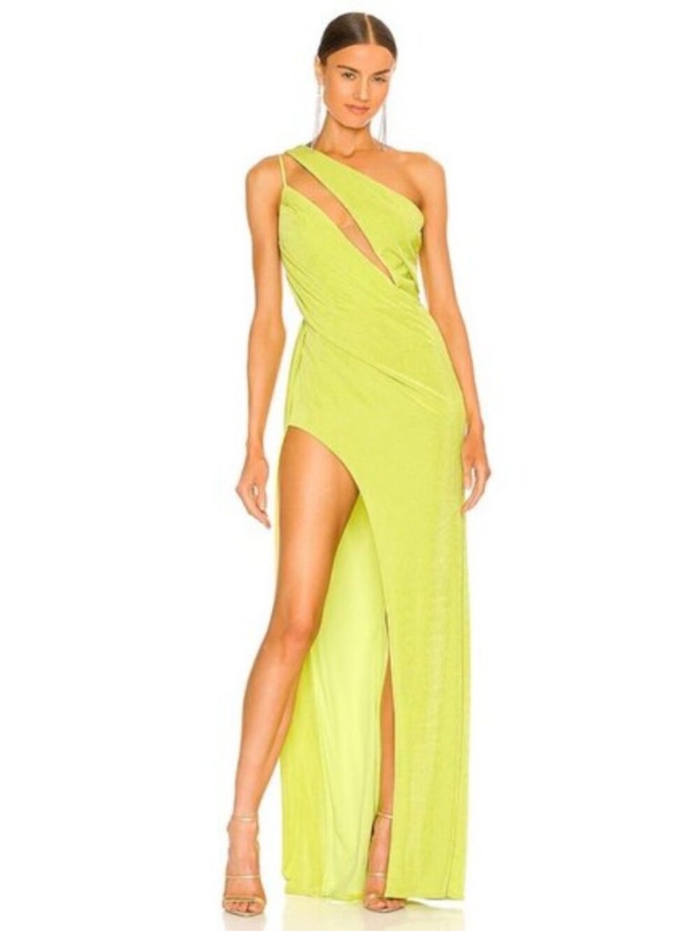 NWT Katie May Green Chartreuse One-Shoulder High-Slit Gown